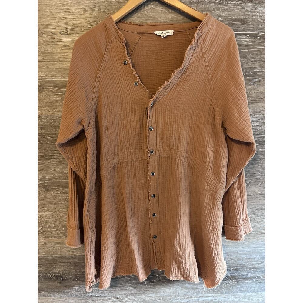 Oli Hali Shirt Size S Orange Button Up Lagenlook Knit High Low Boho Gauze